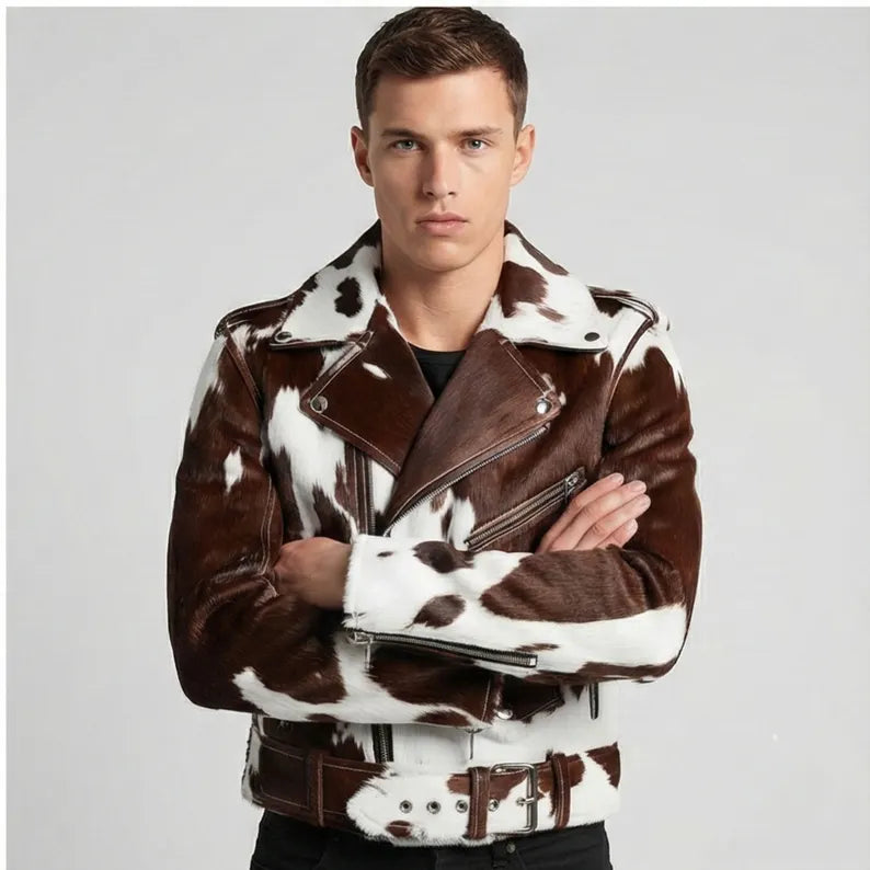 Men's Pony Skin Hair-On Asymmetrical Zipper Moto Cow Skin Jacket