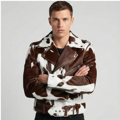 Men's Pony Skin Hair-On Asymmetrical Zipper Moto Cow Skin Jacket