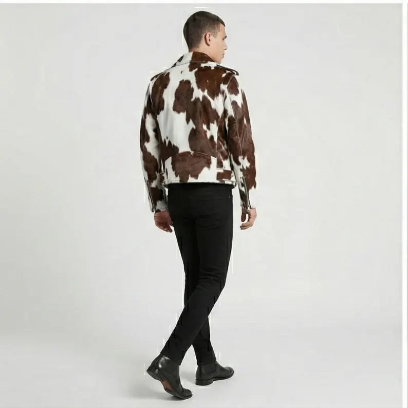 Men's Pony Skin Hair-On Asymmetrical Zipper Moto Cow Skin Jacket