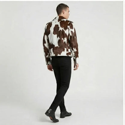 Men's Pony Skin Hair-On Asymmetrical Zipper Moto Cow Skin Jacket