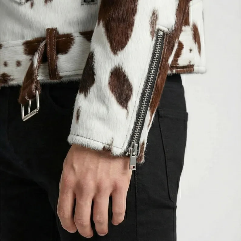 Men's Pony Skin Hair-On Asymmetrical Zipper Moto Cow Skin Jacket