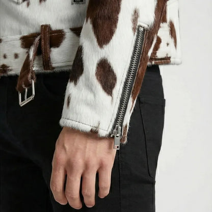 Men's Pony Skin Hair-On Asymmetrical Zipper Moto Cow Skin Jacket