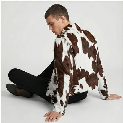 Men's Pony Skin Hair-On Asymmetrical Zipper Moto Cow Skin Jacket