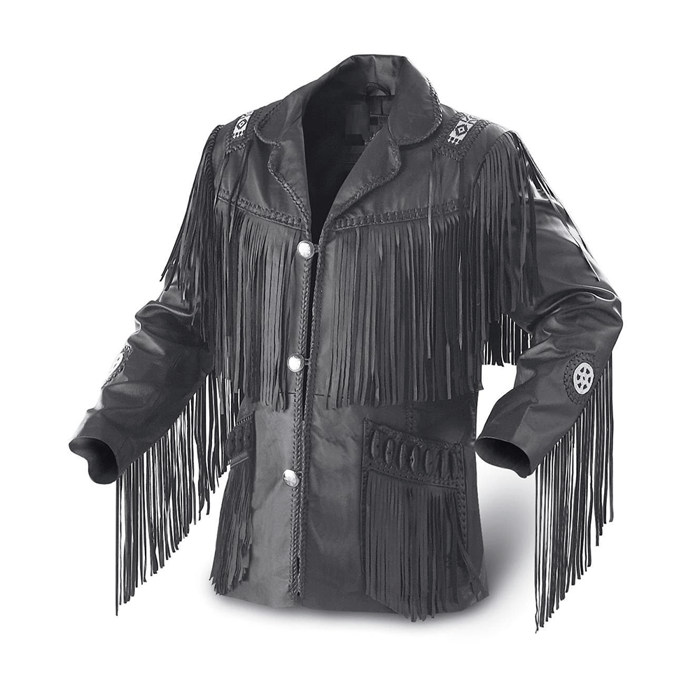 Mens Black Beaded Fringe Leather Jacket