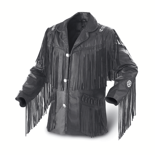 Mens Black Beaded Fringe Leather Jacket