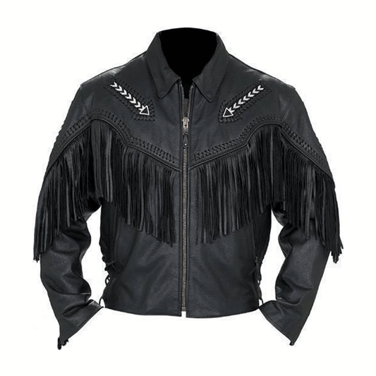 Mens Western Black Leather Fringe Jacket w/ Beaded Arrows