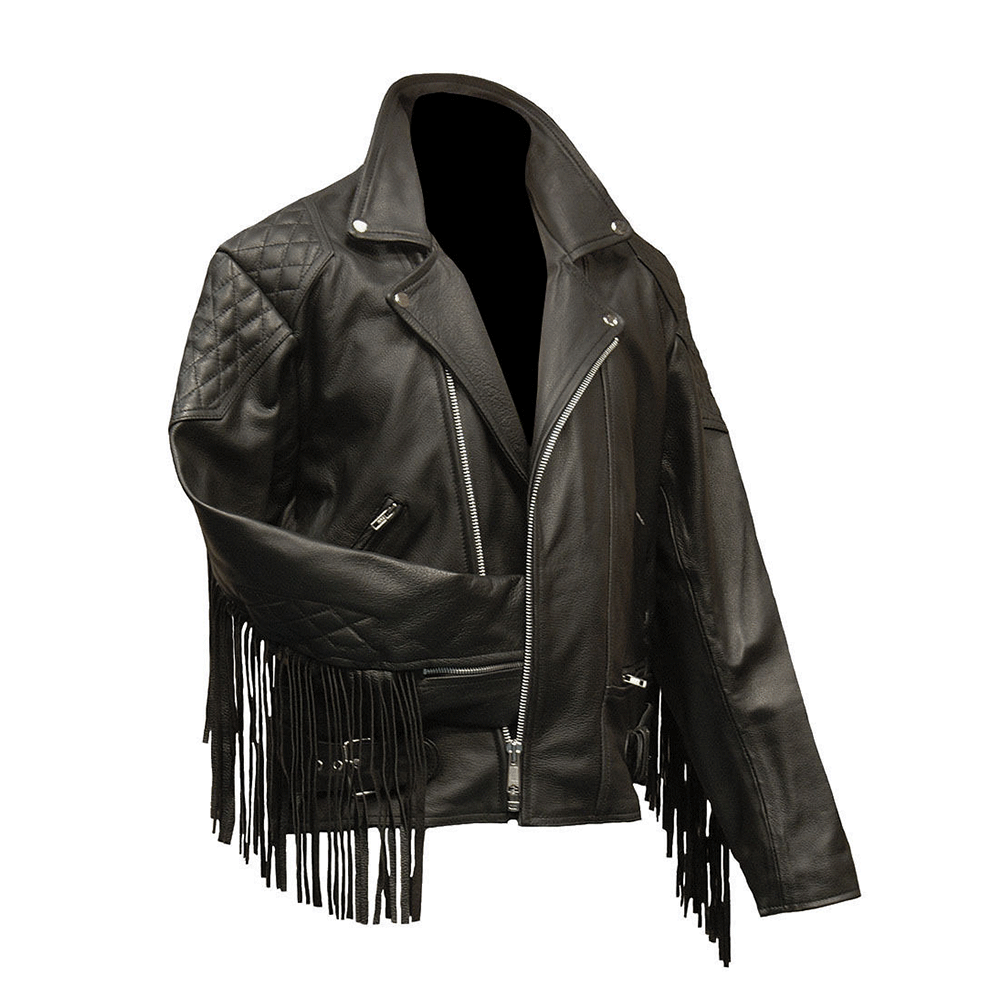 Mens Black Leather Fringe Biker Jacket
