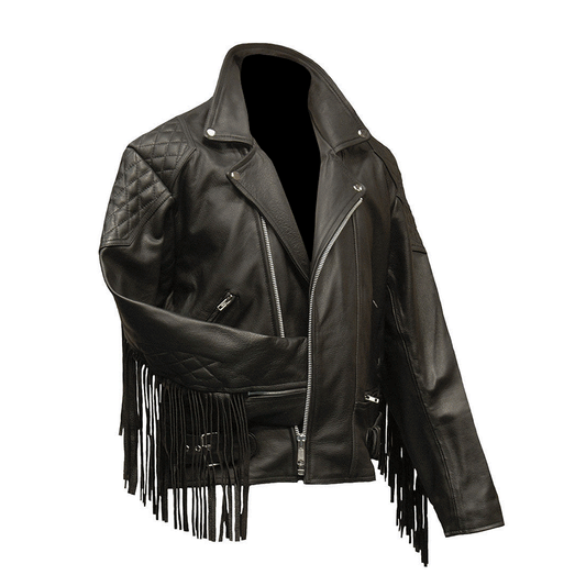 Mens Black Leather Fringe Biker Jacket