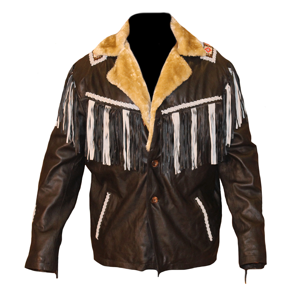 Mens Black Beaded Fringe Leather Jacket w/ Fur Collar
