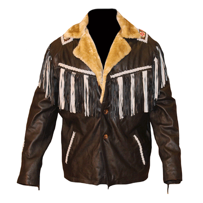 Mens Black Beaded Fringe Leather Jacket w/ Fur Collar
