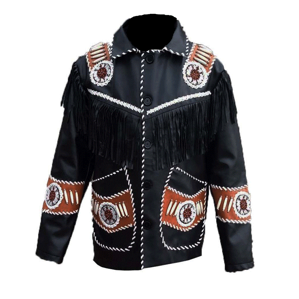 Mens Black Leather Beaded Fringe Jacket w/ Brown Accents