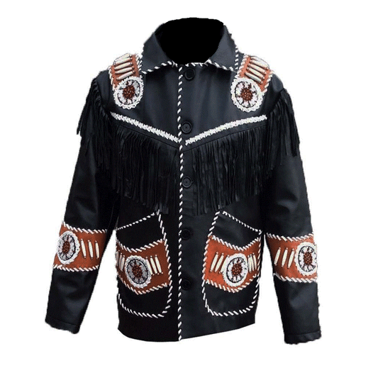 Mens Black Leather Beaded Fringe Jacket w/ Brown Accents
