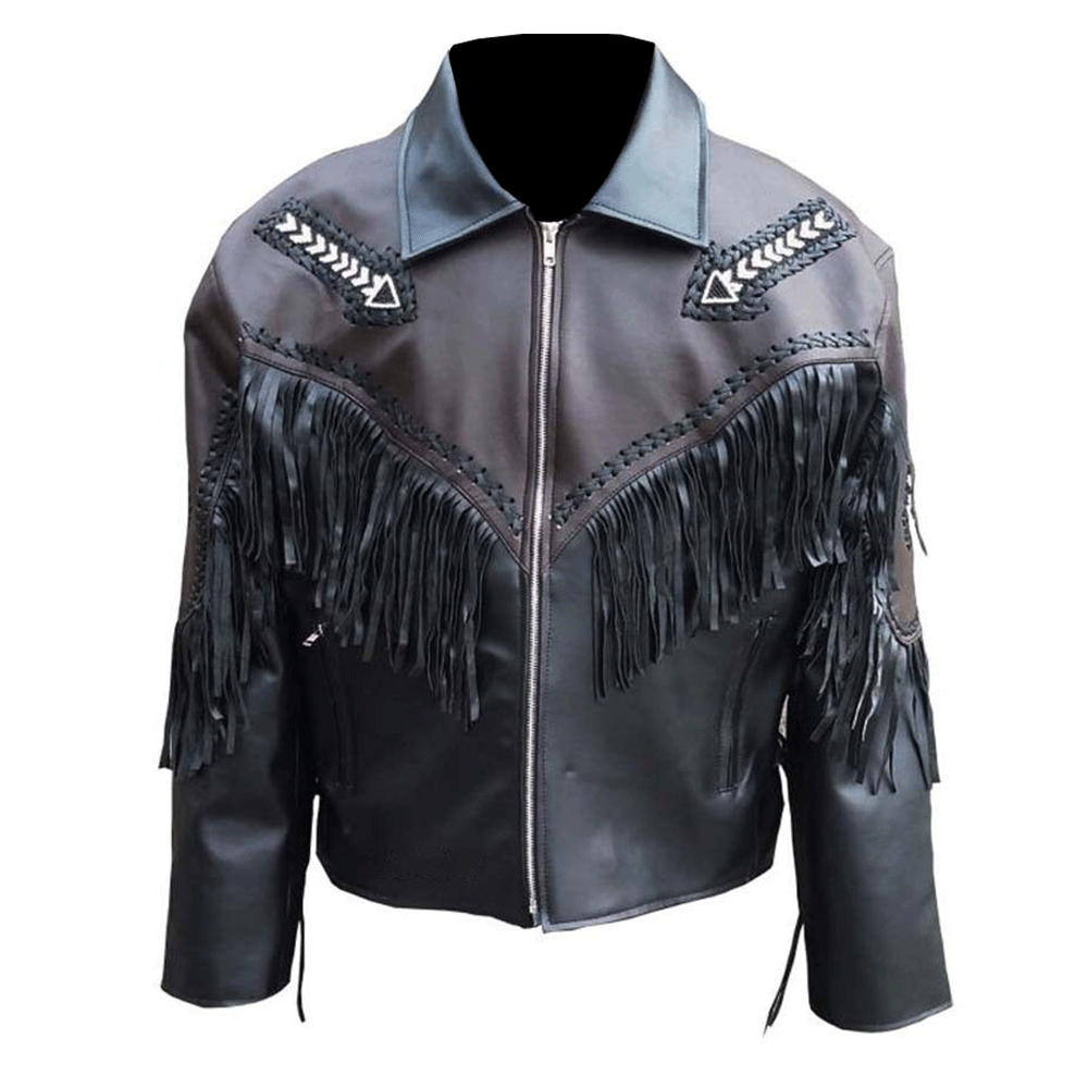 Mens Black Leather Fringe Jacket w/ Beaded Arrows