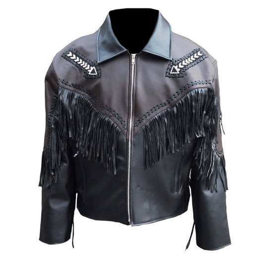 Mens Black Leather Fringe Jacket w/ Beaded Arrows