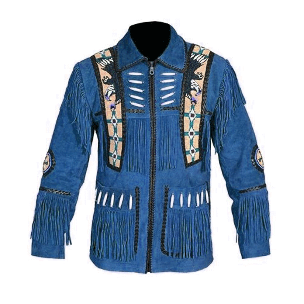 Mens Blue Suede Leather Fringe Western Jacket