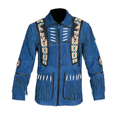 Mens Blue Suede Leather Fringe Western Jacket