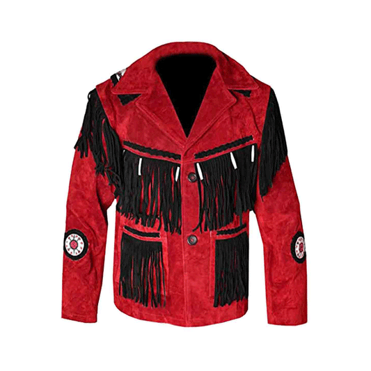 Mens Red Suede Leather Beaded Fringe Leather Jacket