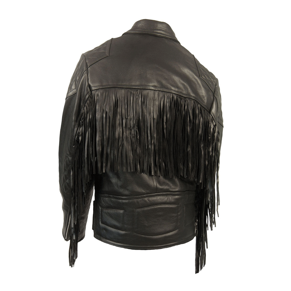 Mens Black Leather Fringe Biker Jacket