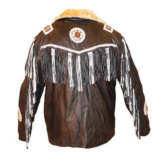 Mens Black Beaded Fringe Leather Jacket w/ Fur Collar