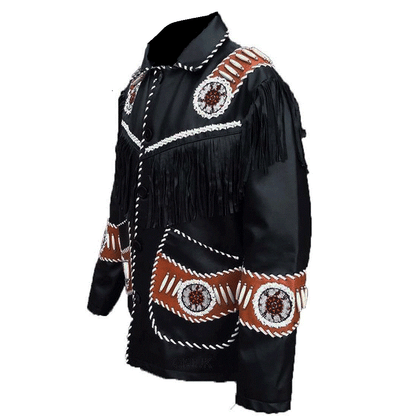 Mens Black Leather Beaded Fringe Jacket w/ Brown Accents