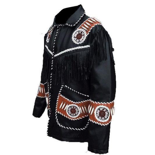 Mens Black Leather Beaded Fringe Jacket w/ Brown Accents
