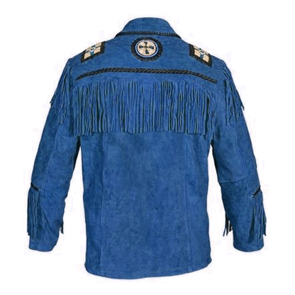 Mens Blue Suede Leather Fringe Western Jacket