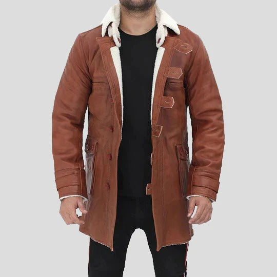 Mens Tan Leather Bane Shearling Coat