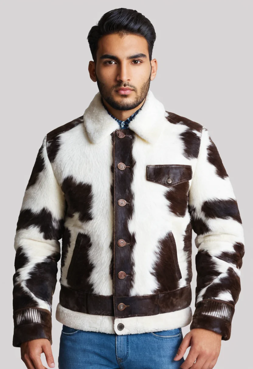 Mens Trucker Style Pony Skin Hair On Cow Print Jacket