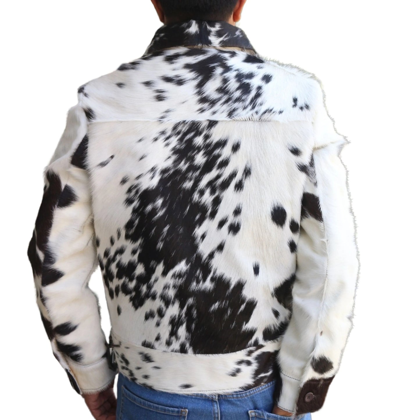 Mens Trucker Style Pony Skin Hair On Cow Print Jacket