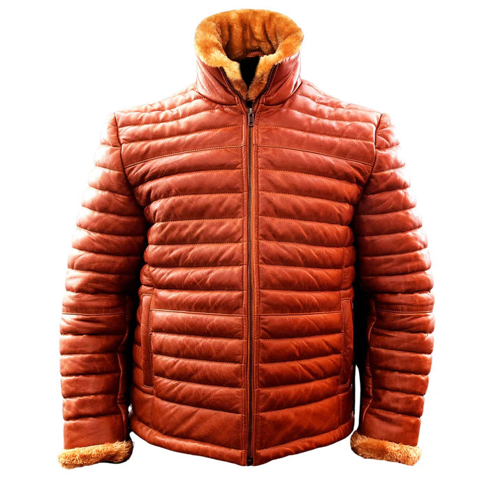 Men's Brown Leather Puffer Jacket