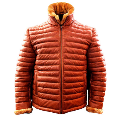 Men's Brown Leather Puffer Jacket
