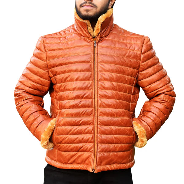 Men's Brown Leather Puffer Jacket