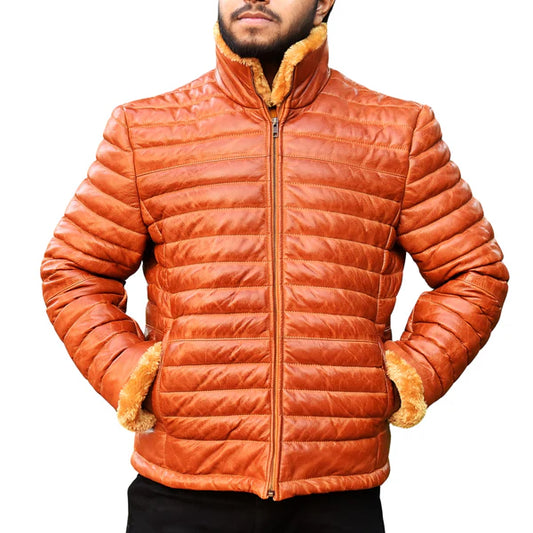 Men's Brown Leather Puffer Jacket
