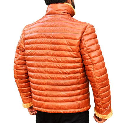 Men's Brown Leather Puffer Jacket