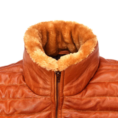 Men's Brown Leather Puffer Jacket