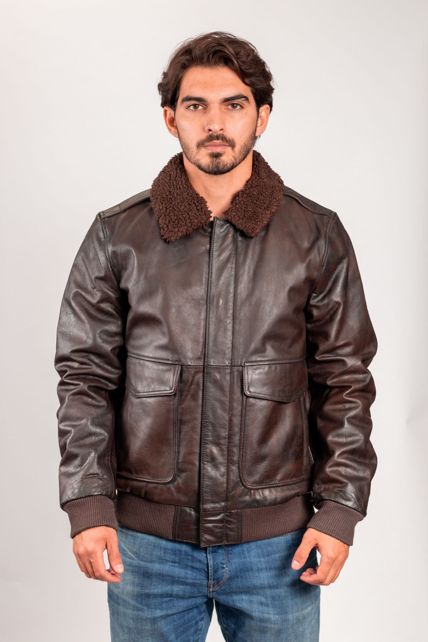 Brown Leather A2 Aviator Bomber Jacket w/ Shearling Collar