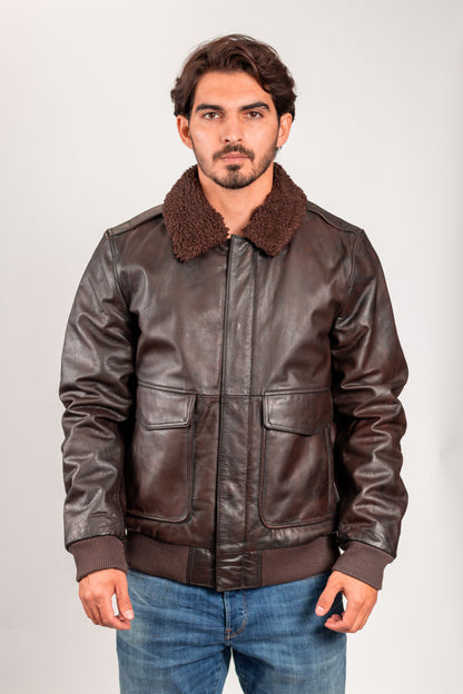 Brown Leather A2 Aviator Bomber Jacket w/ Shearling Collar