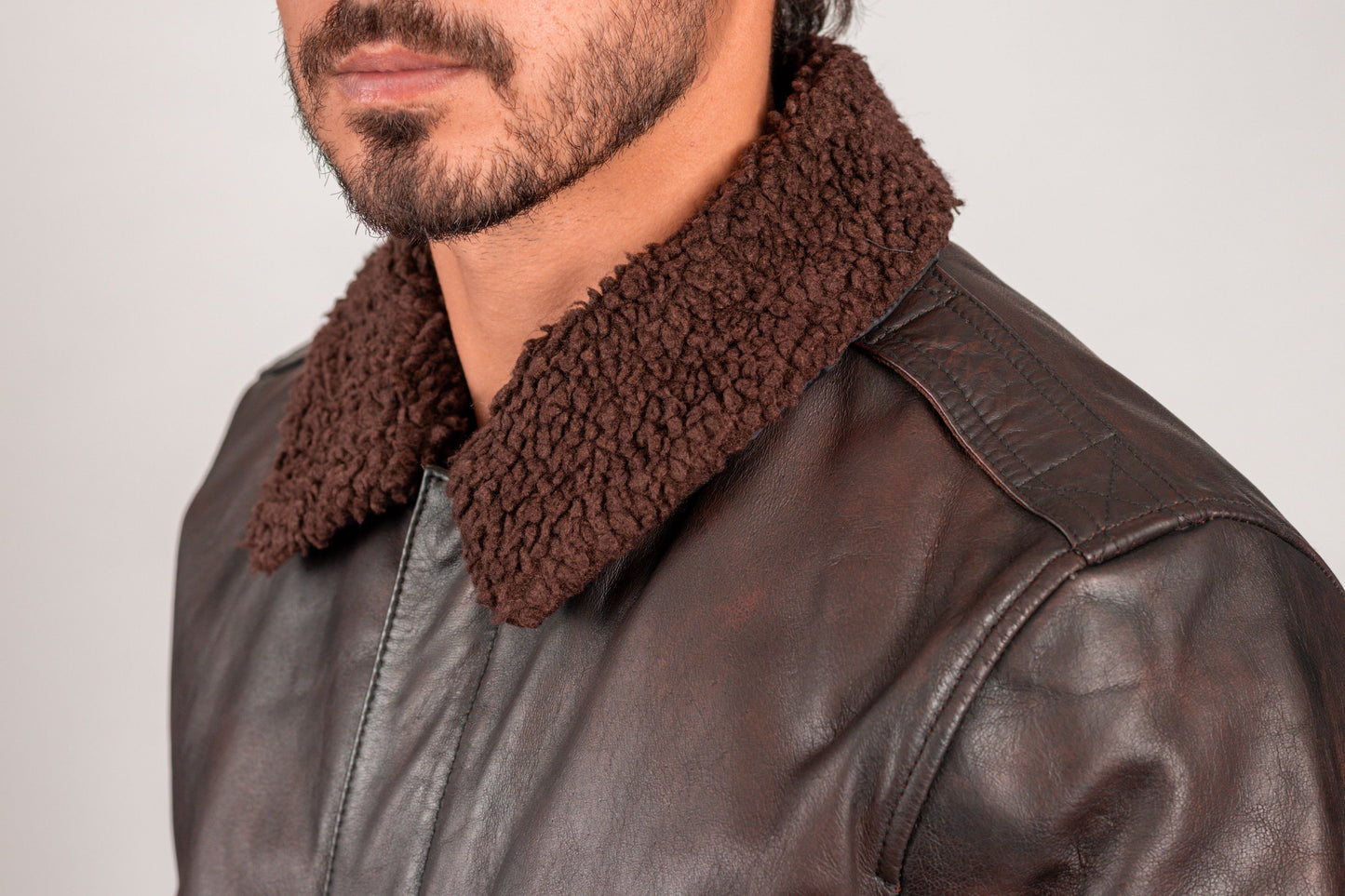 Brown Leather A2 Aviator Bomber Jacket w/ Shearling Collar
