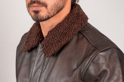 Brown Leather A2 Aviator Bomber Jacket w/ Shearling Collar