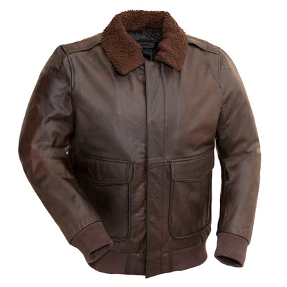 Brown Leather A2 Aviator Bomber Jacket w/ Shearling Collar