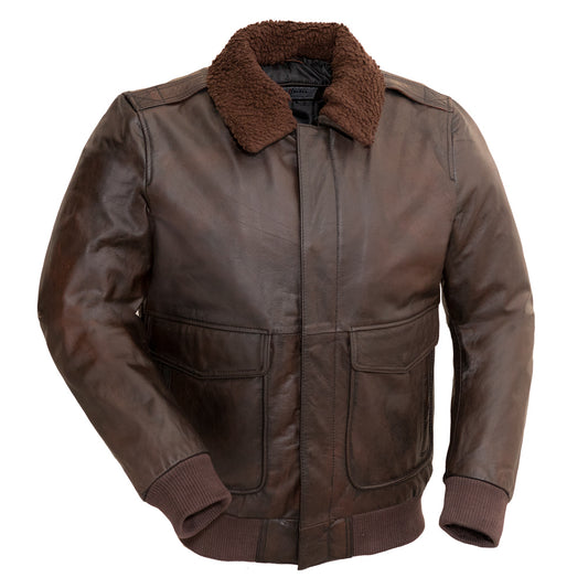 Brown Leather A2 Aviator Bomber Jacket w/ Shearling Collar