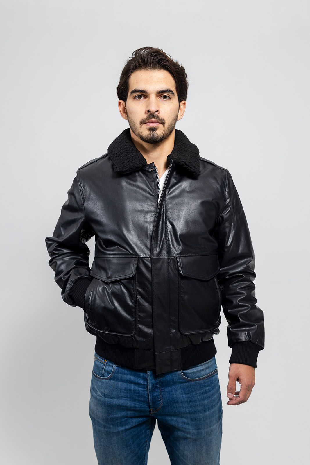 Black Leather A2 Bomber Jacket w/ Shearling Collar