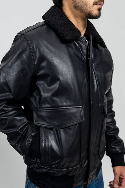 Black Leather A2 Bomber Jacket w/ Shearling Collar