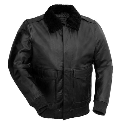 Black Leather A2 Bomber Jacket w/ Shearling Collar