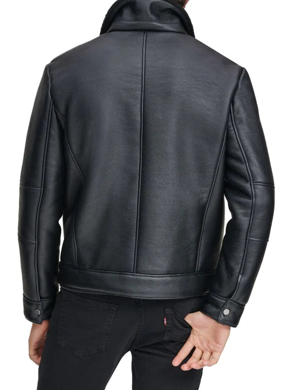 Black Leather Biker Shearling Collar Jacket