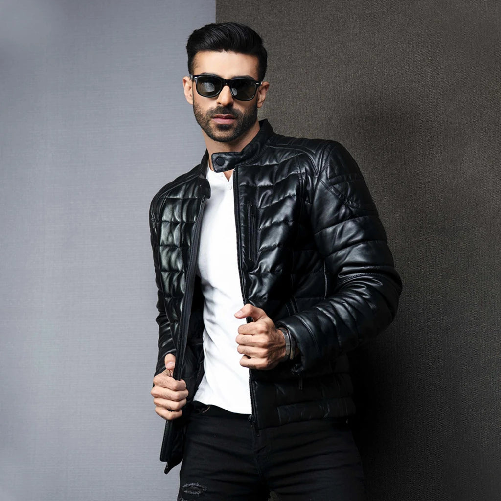 Men's Black Motorcycle Style Leather Puffer Jacket