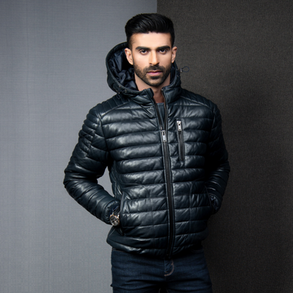 Men's Classic Moto Style Black Leather Puffer Jacket