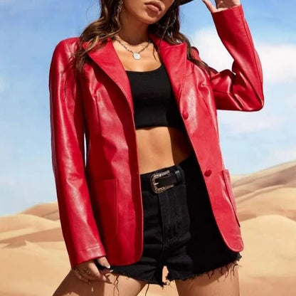 Women's Red Lambskin Leather Blazer Jacket