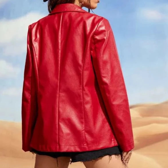 Women's Red Lambskin Leather Blazer Jacket