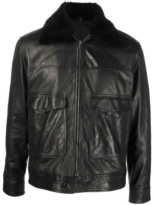 Shearling Collar Black Leather Jacket